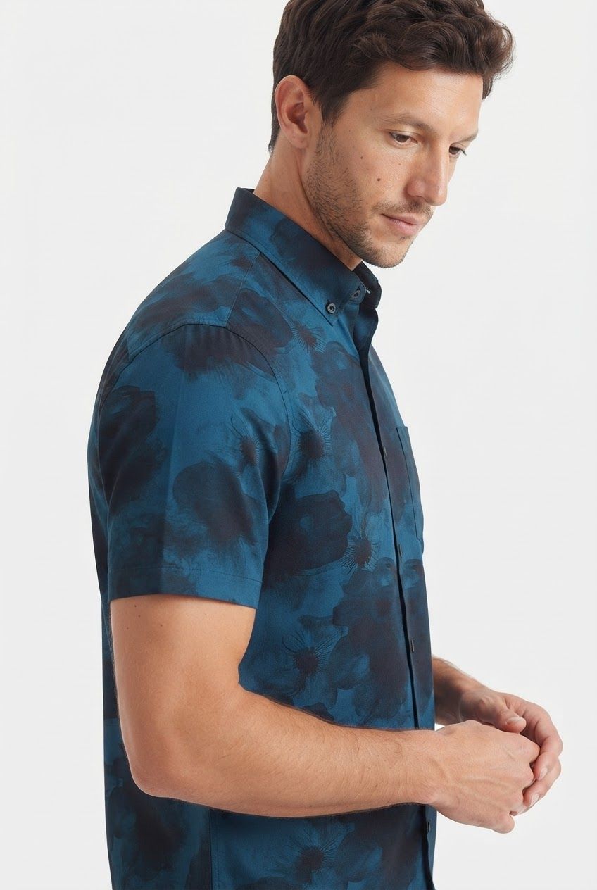 Dark Blue Printed Rayon Semi Slim Fit Half Sleeve Shirt product image