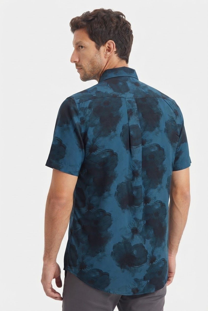 Dark Blue Printed Rayon Semi Slim Fit Half Sleeve Shirt product image