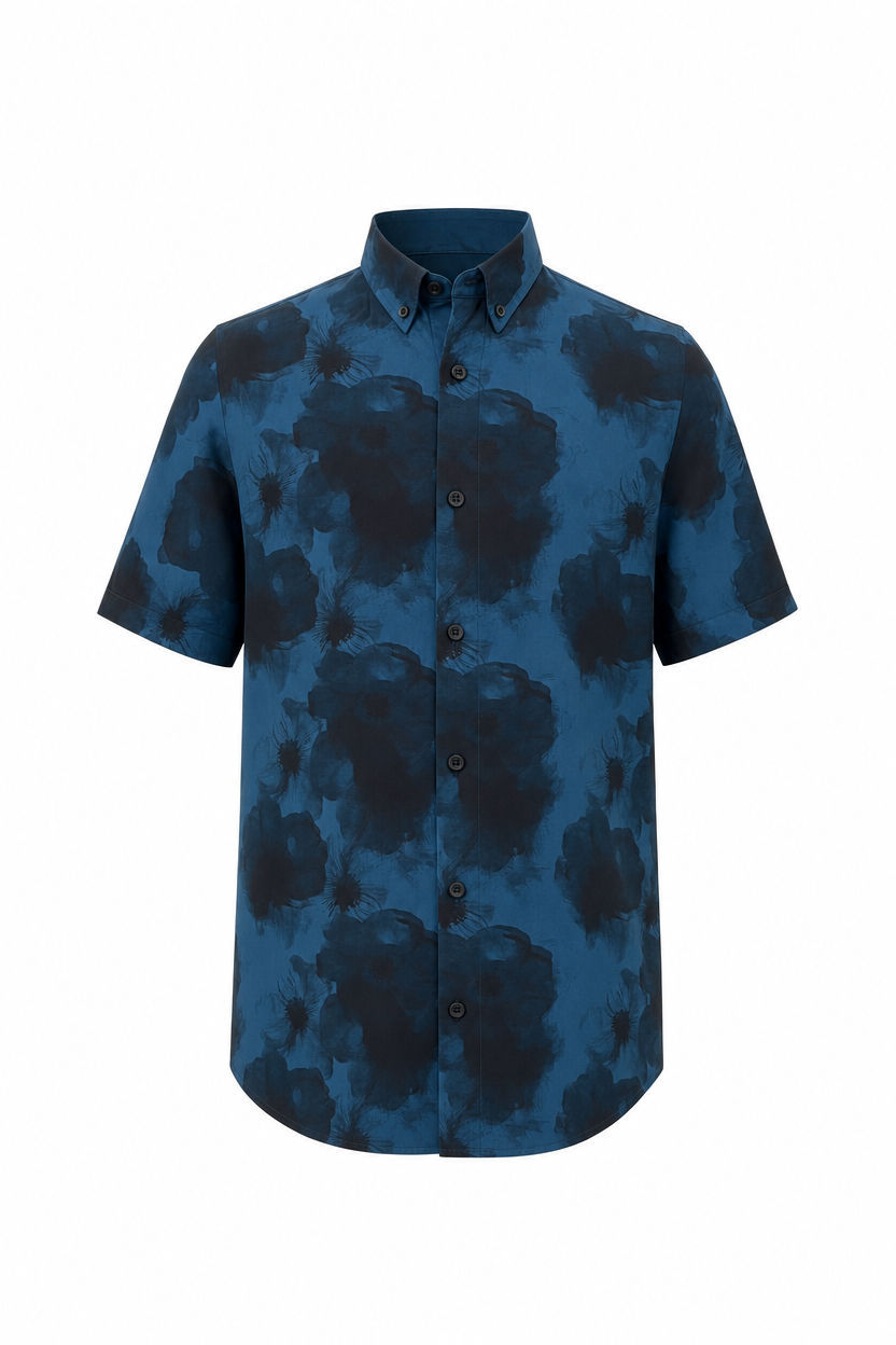 Dark Blue Printed Rayon Semi Slim Fit Half Sleeve Shirt product image