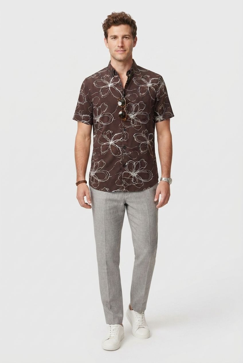 Dark Brown Printed Rayon Semi Slim Fit Half Sleeve Shirt product image