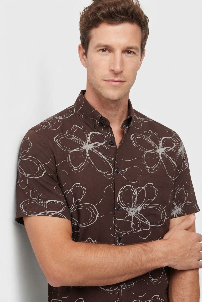 Dark Brown Printed Rayon Semi Slim Fit Half Sleeve Shirt product image