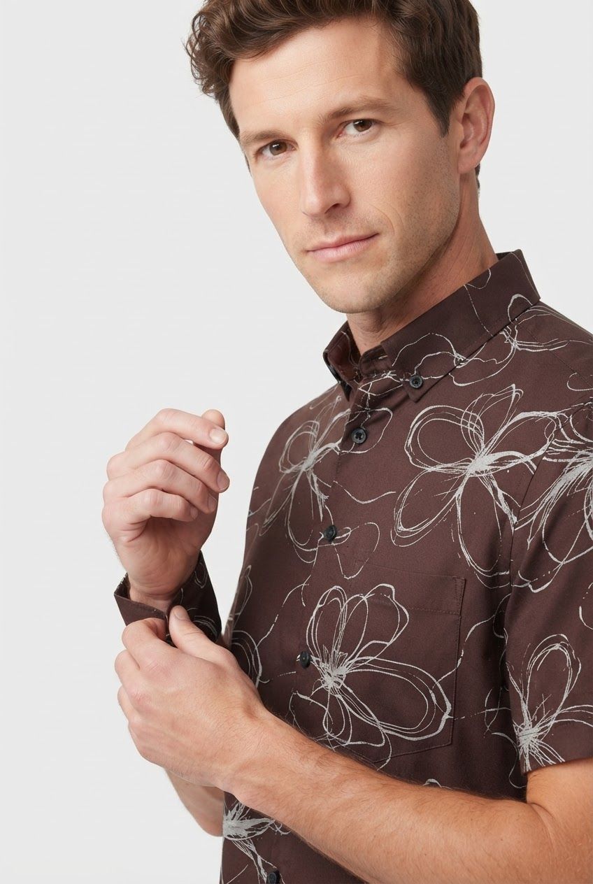 Dark Brown Printed Rayon Semi Slim Fit Half Sleeve Shirt product image