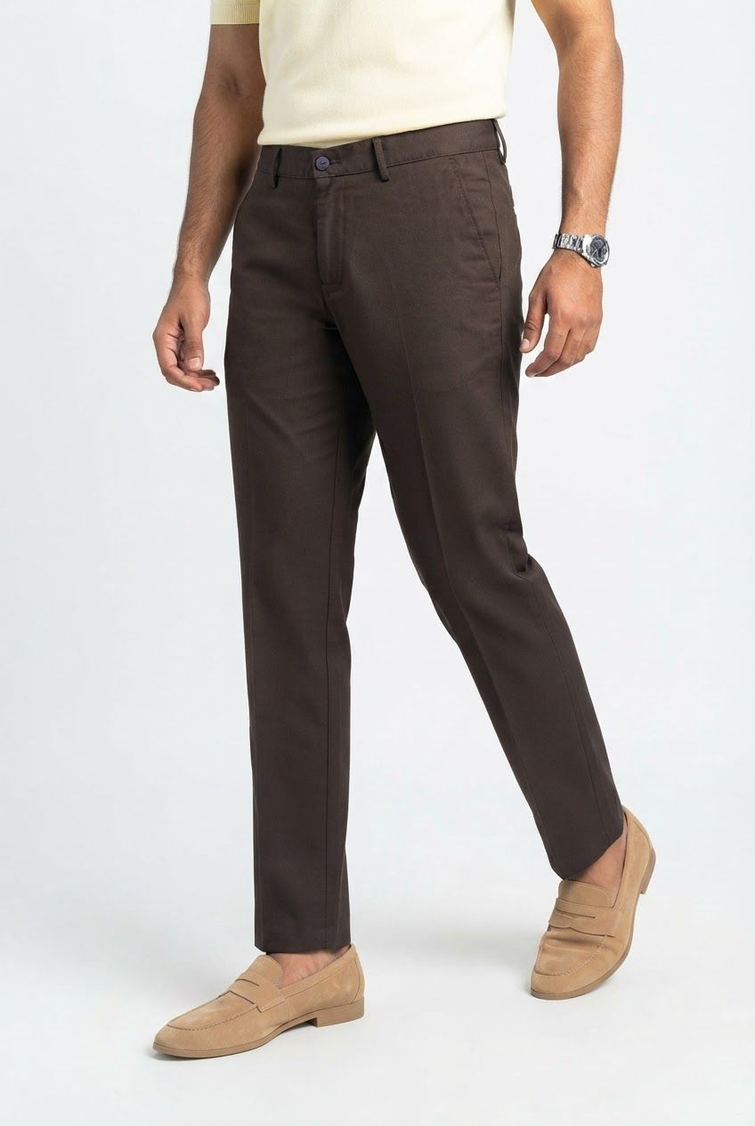 Dark Brown Solid Cotton Semi Slim Fit Trouser product image