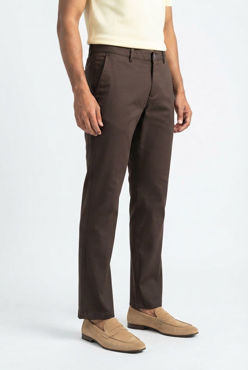 Dark Brown Solid Cotton Semi Slim Fit Trouser product image