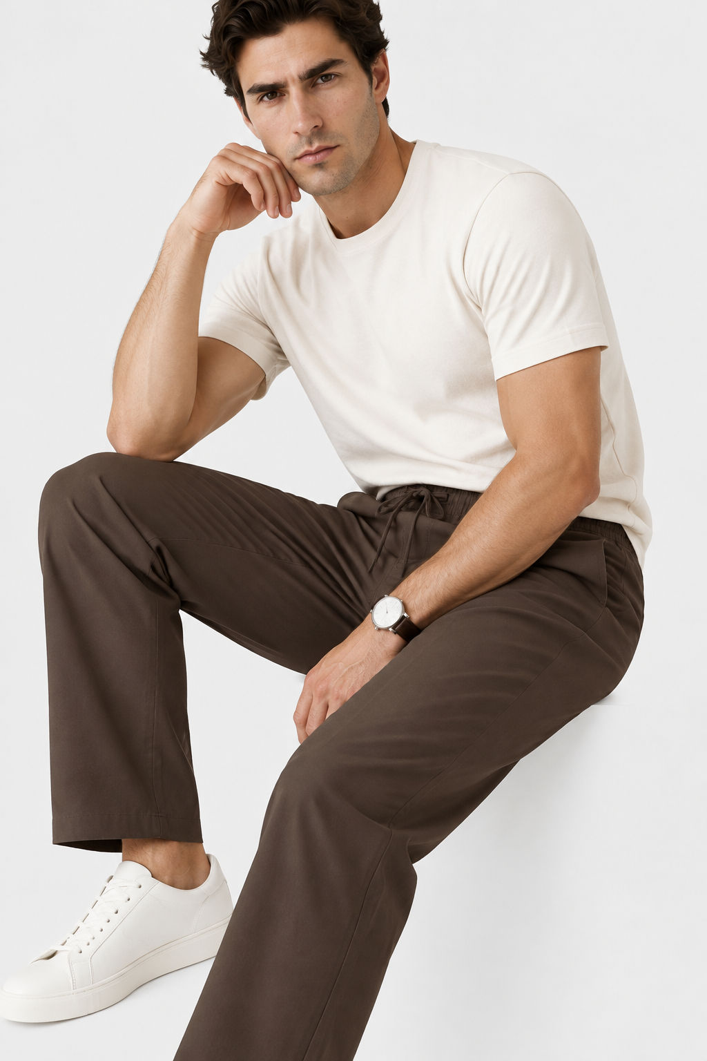 Dark Brown Solid Linen Semi Slim Fit Half Sleeve Trouser product image