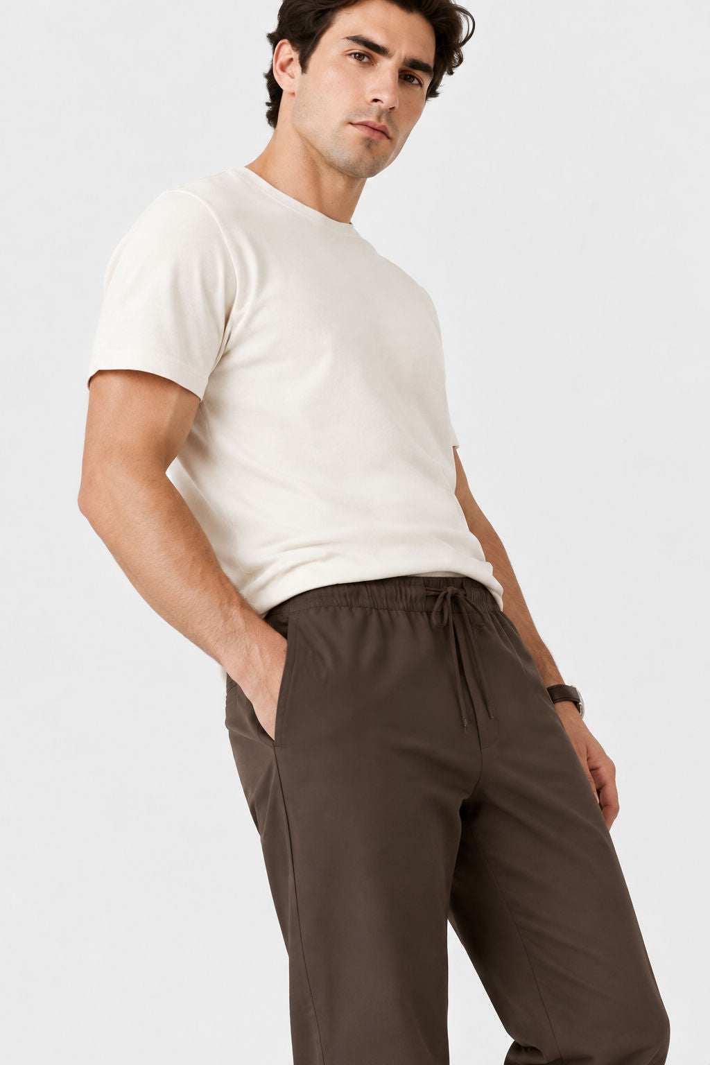 Dark Brown Solid Linen Semi Slim Fit Half Sleeve Trouser product image