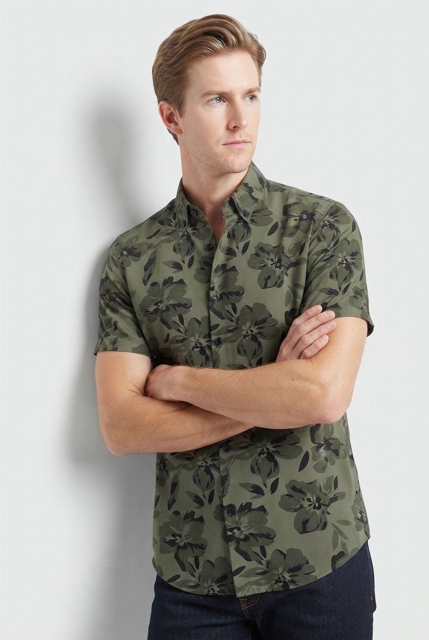 Dark Green Printed Rayon Semi Slim Fit Half Sleeve Shirt product image