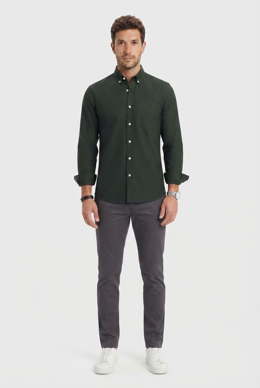 Dark Green Solid Oxford Semi Slim Fit Full Sleeve Shirt product image