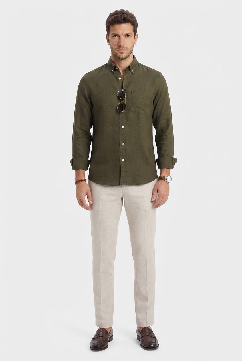 Dark Olive Solid Linen Semi Slim Fit Full Sleeve Shirt product image