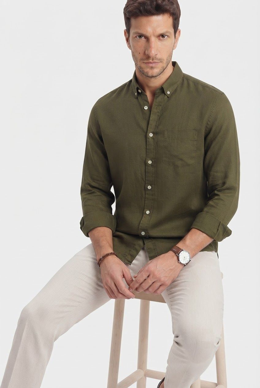 Dark Olive Solid Linen Semi Slim Fit Full Sleeve Shirt product image