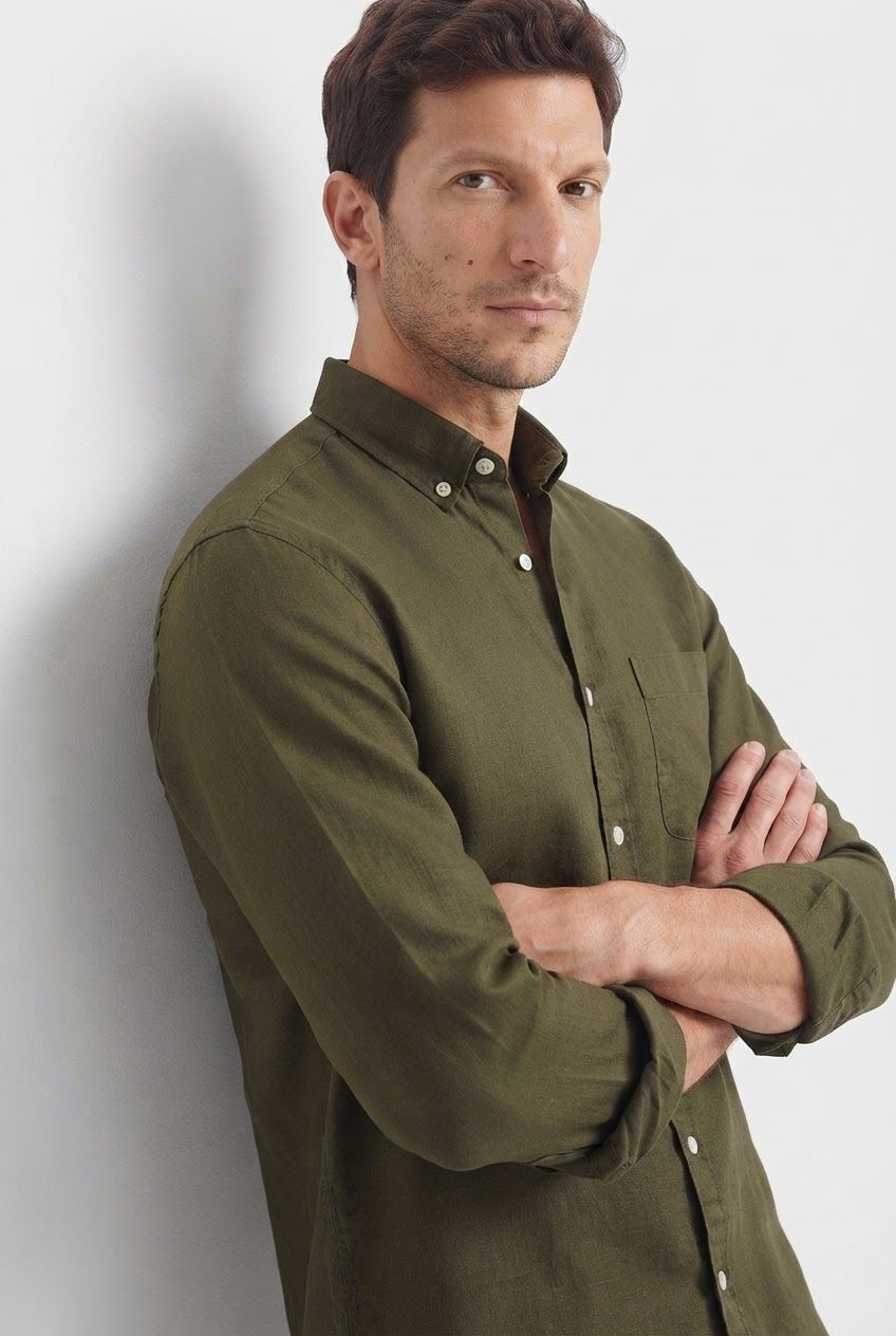 Dark Olive Solid Linen Semi Slim Fit Full Sleeve Shirt product image