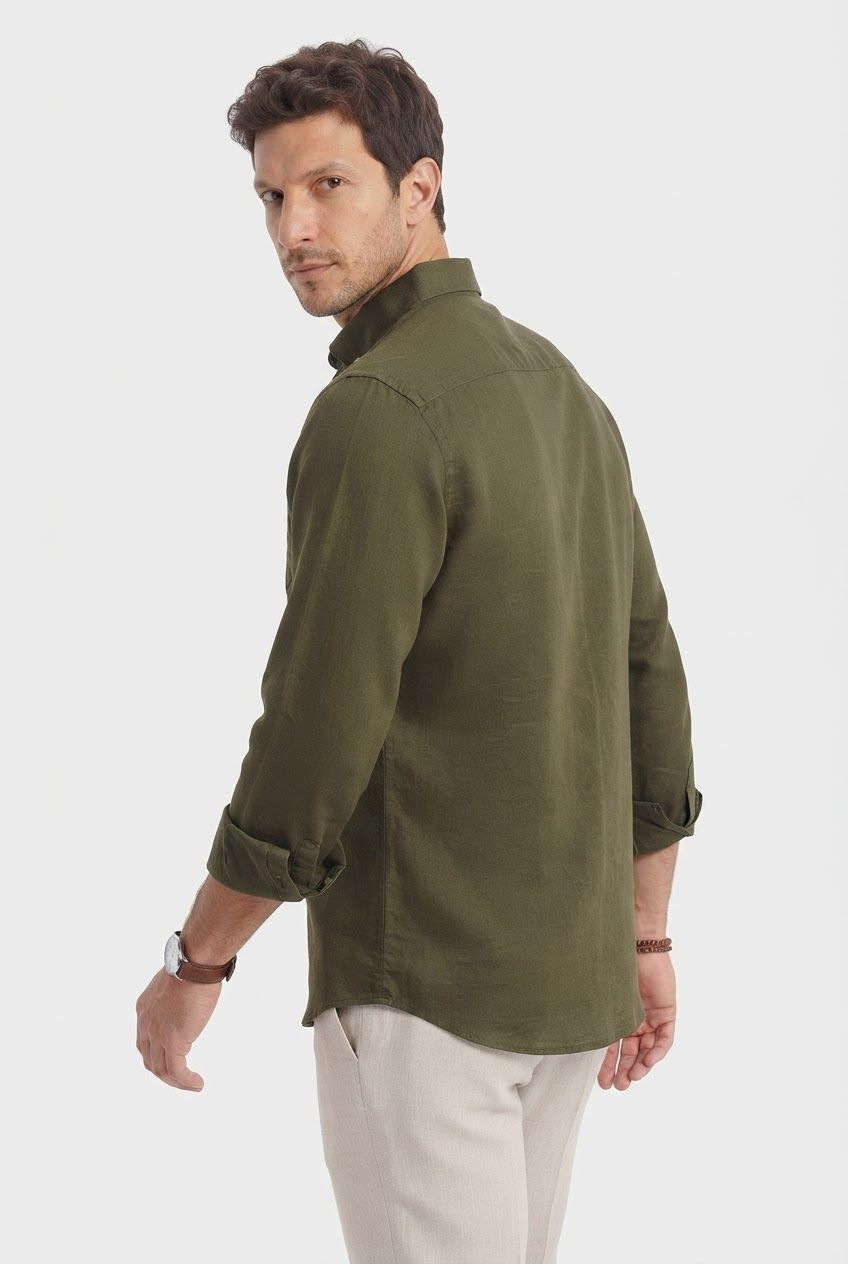 Dark Olive Solid Linen Semi Slim Fit Full Sleeve Shirt product image