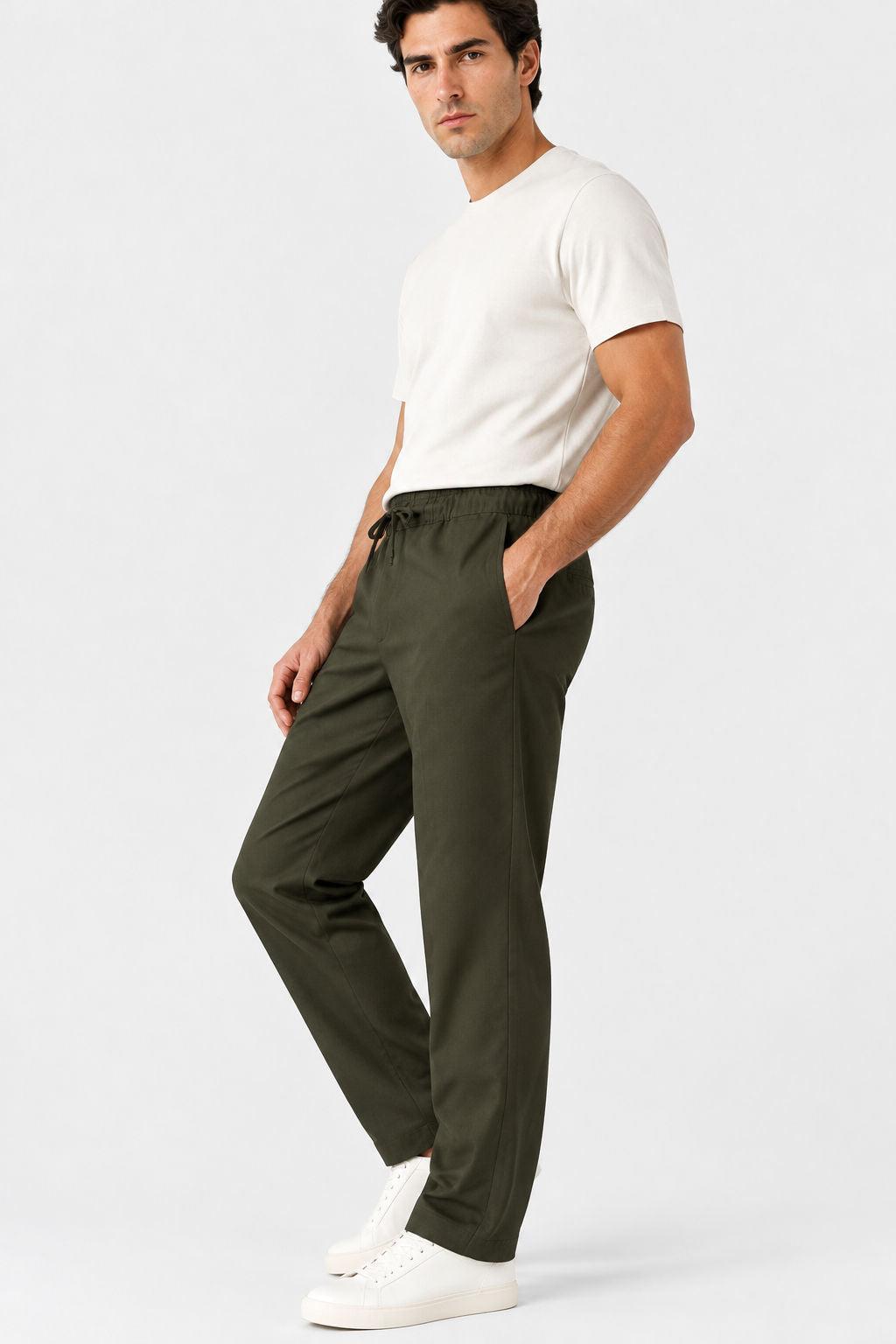 Dark Olive Solid Linen Semi Slim Fit Half Sleeve Trouser product image