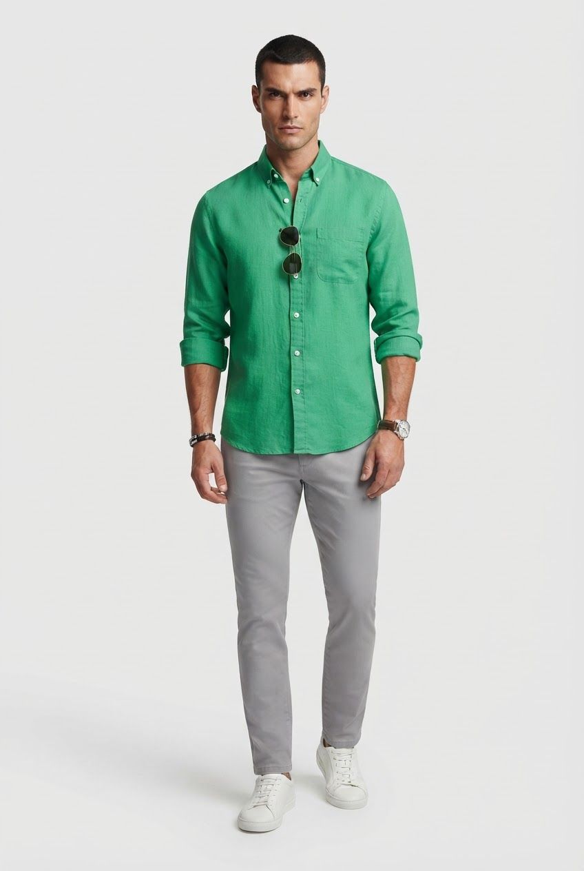 Green Solid Linen Semi Slim Fit Full Sleeve Shirt product image