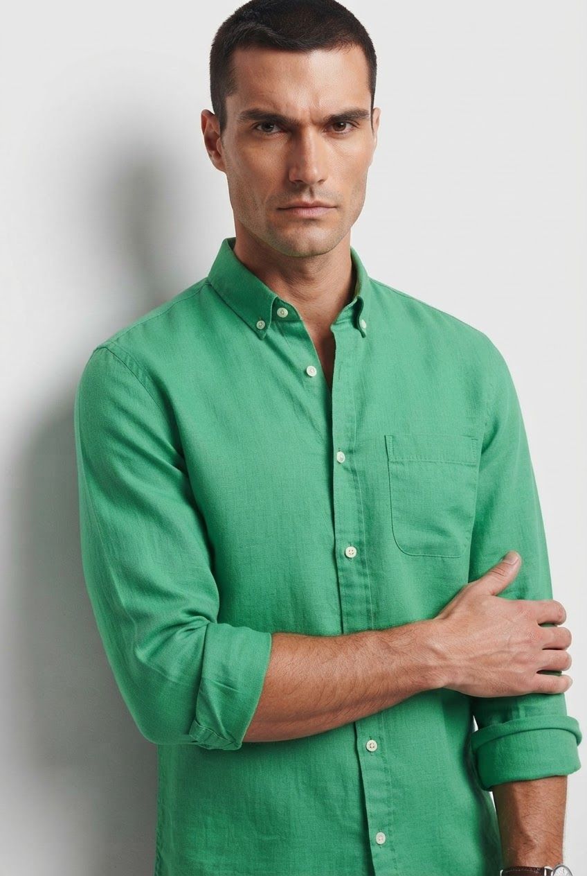 Green Solid Linen Semi Slim Fit Full Sleeve Shirt product image