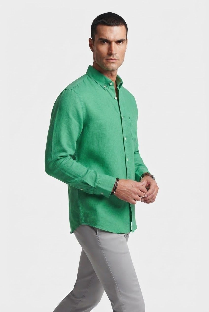 Green Solid Linen Semi Slim Fit Full Sleeve Shirt product image