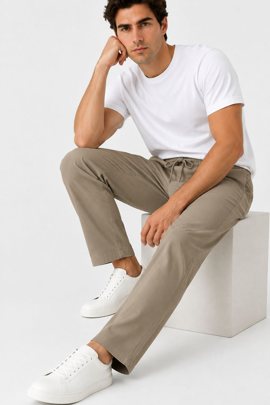 Khaki Solid Linen Semi Slim Fit Half Sleeve Trouser product image