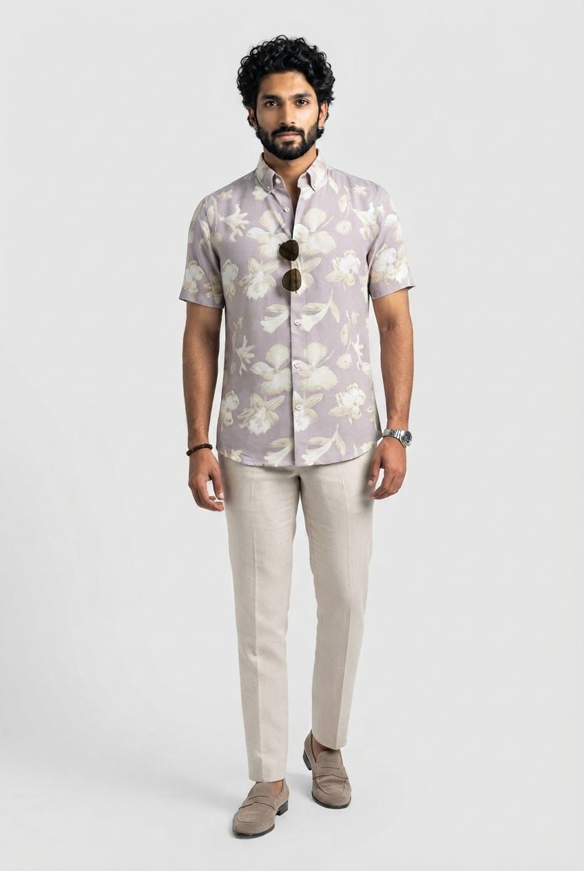 Lavender Printed Rayon Semi Slim Fit Half Sleeve Shirt product image