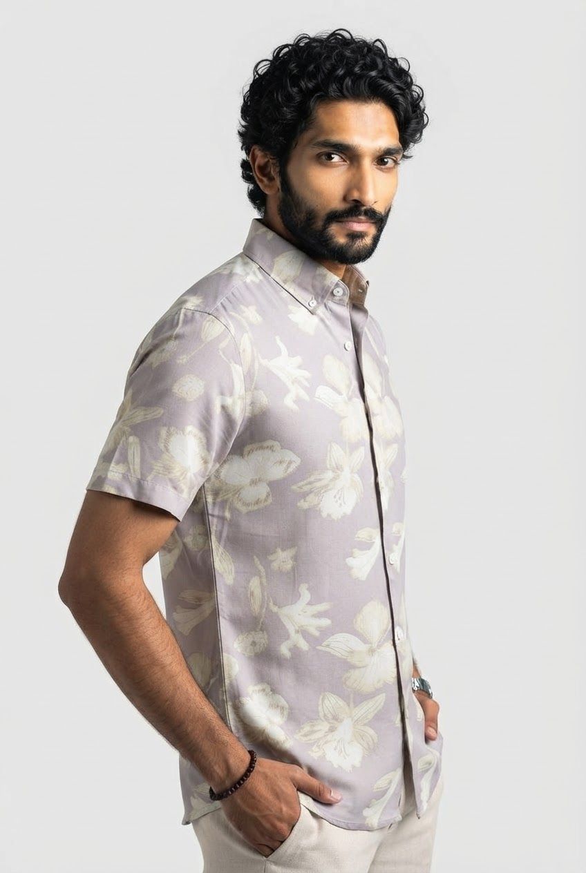 Lavender Printed Rayon Semi Slim Fit Half Sleeve Shirt product image
