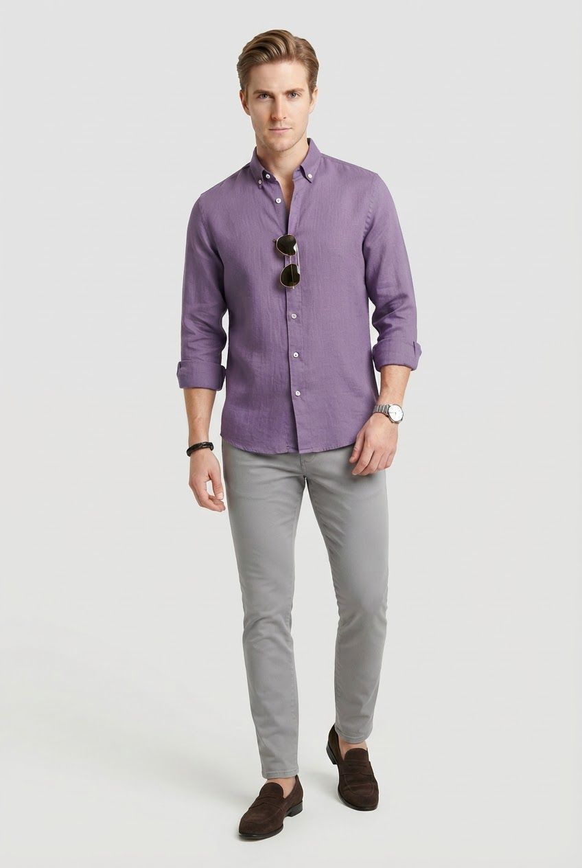 Lavender Solid Linen Semi Slim Fit Full Sleeve Shirt product image