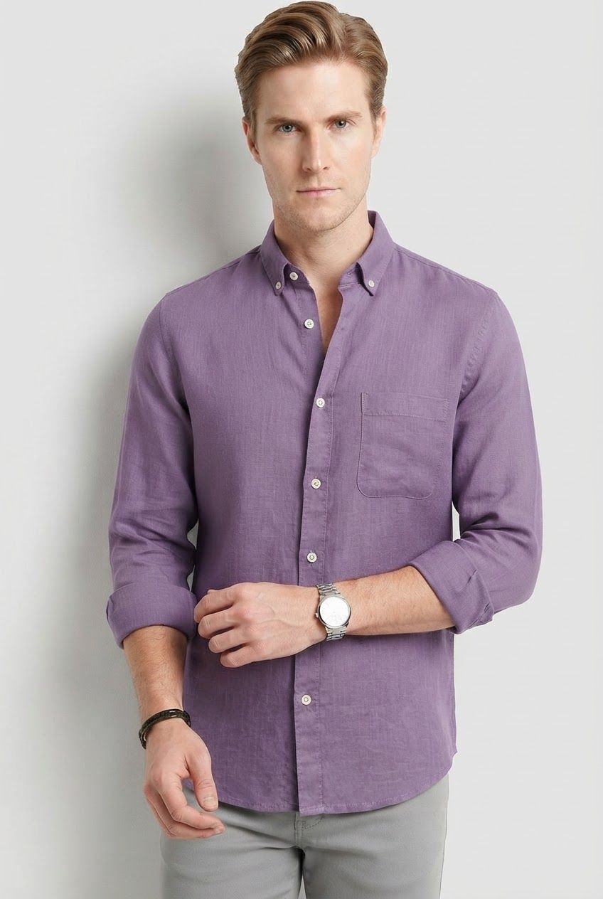 Lavender Solid Linen Semi Slim Fit Full Sleeve Shirt product image