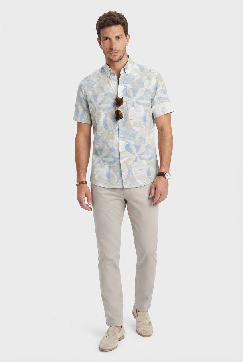 Light Blue Printed Rayon Semi Slim Fit Half Sleeve Shirt product image