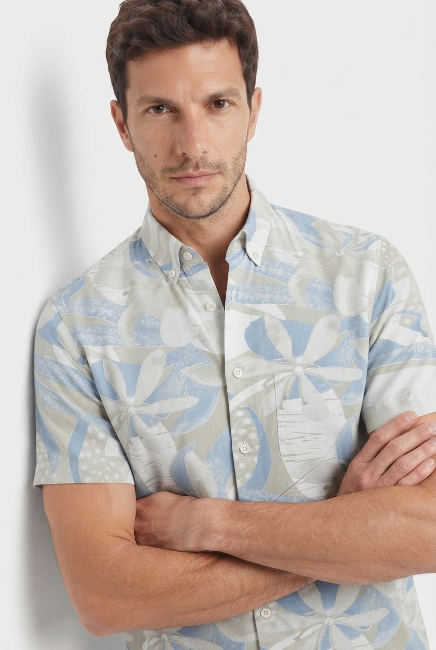 Light Blue Printed Rayon Semi Slim Fit Half Sleeve Shirt product image