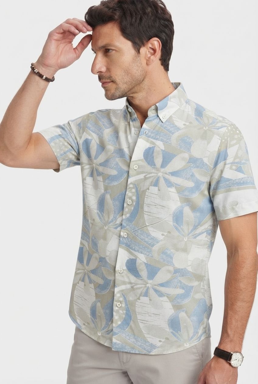 Light Blue Printed Rayon Semi Slim Fit Half Sleeve Shirt product image