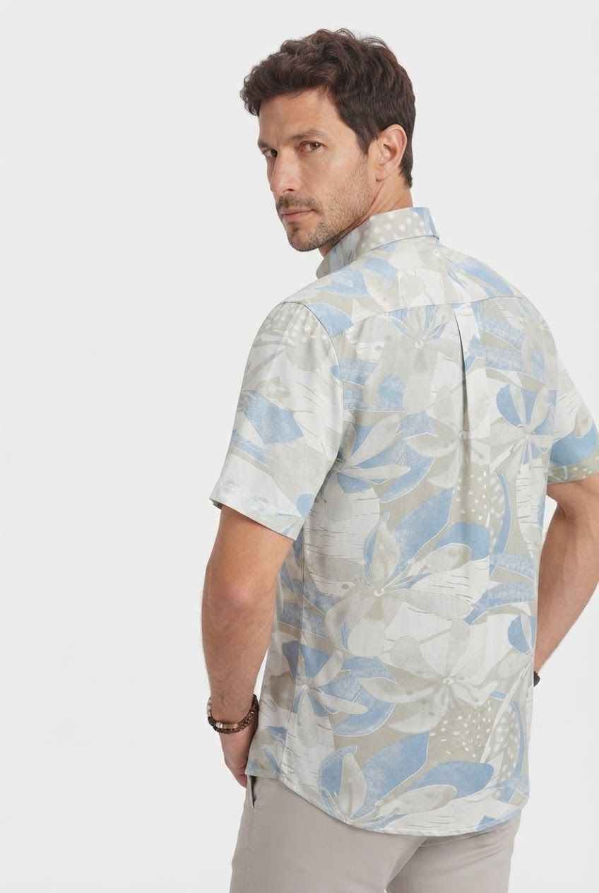 Light Blue Printed Rayon Semi Slim Fit Half Sleeve Shirt product image