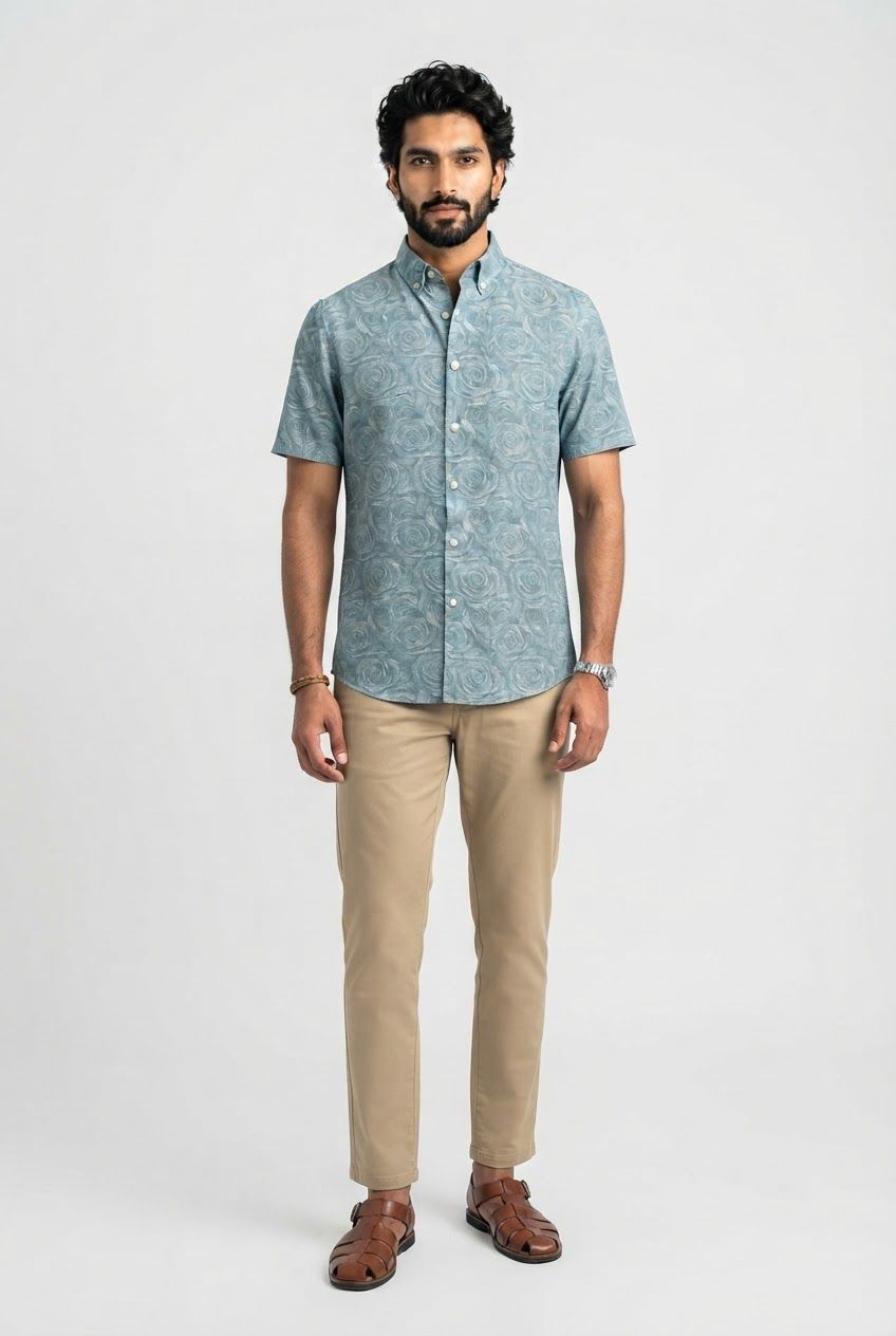 Light Blue Printed Rayon Semi Slim Fit Half Sleeve Shirt product image