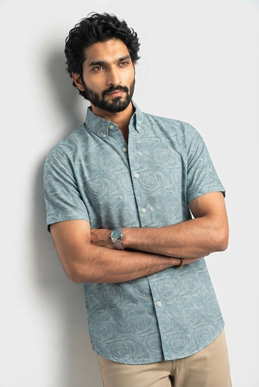 Light Blue Printed Rayon Semi Slim Fit Half Sleeve Shirt product image