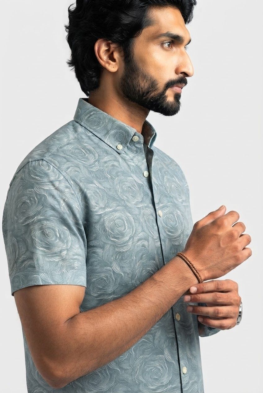 Light Blue Printed Rayon Semi Slim Fit Half Sleeve Shirt product image