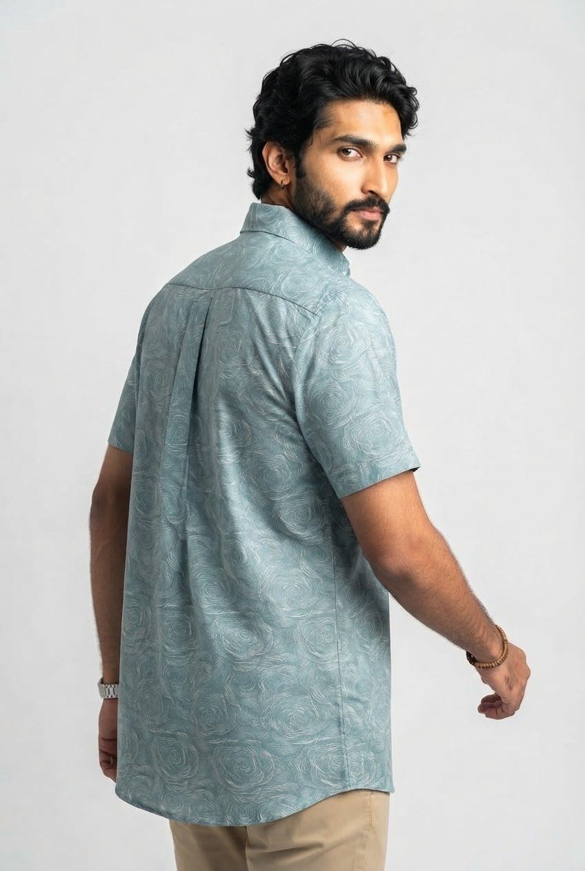 Light Blue Printed Rayon Semi Slim Fit Half Sleeve Shirt product image