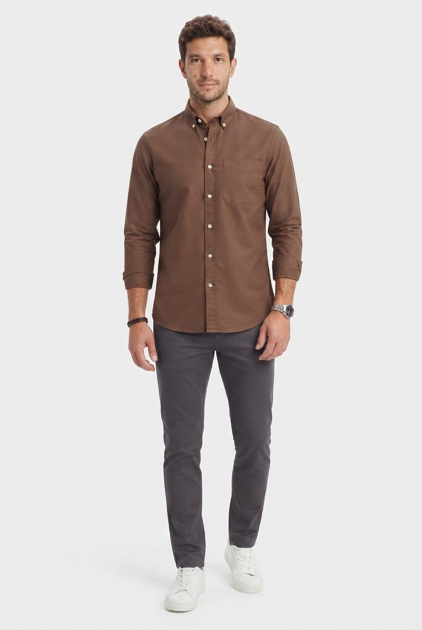 Light Brown Solid Oxford Semi Slim Fit Full Sleeve Shirt product image