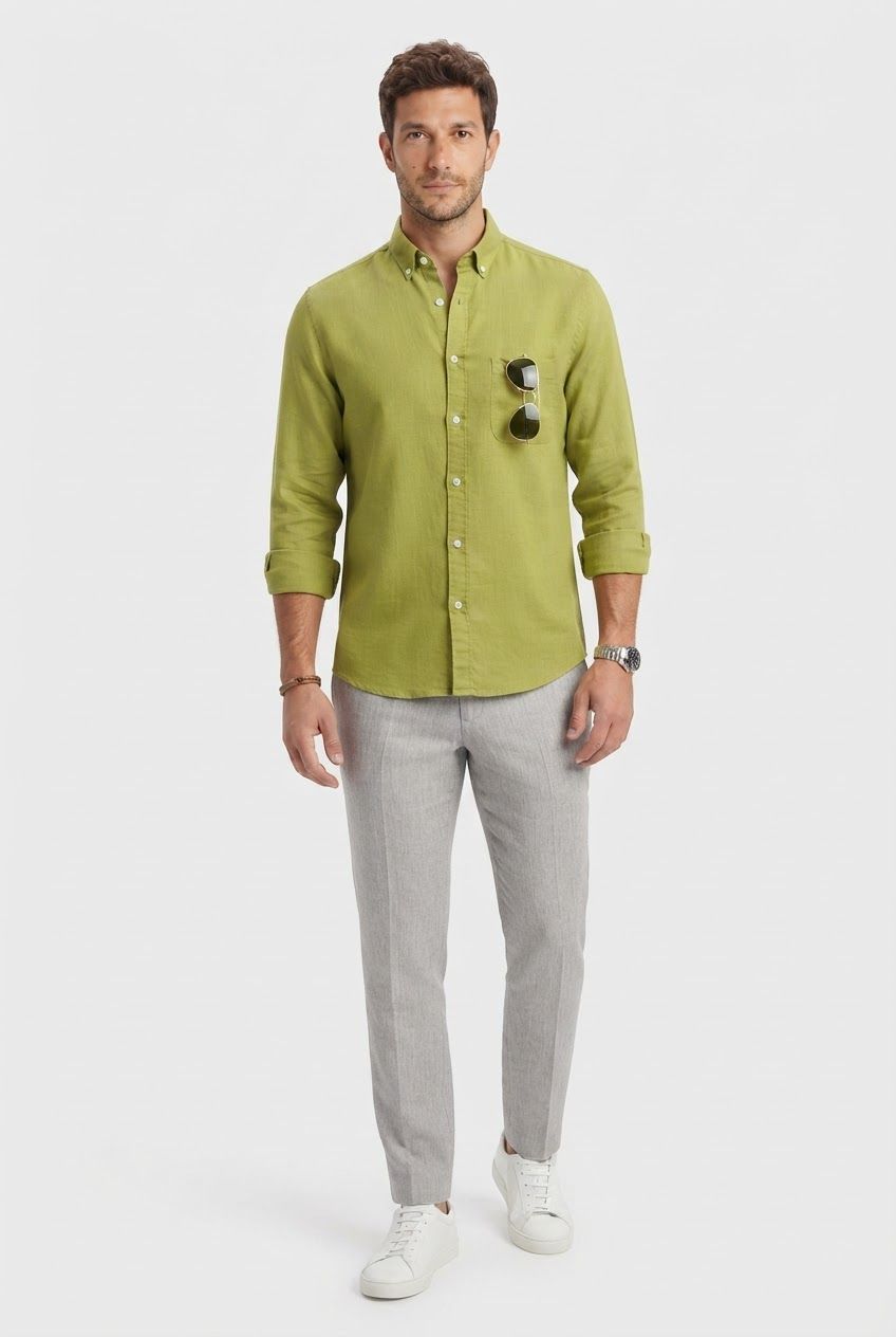 Light Green Solid Linen Semi Slim Fit Full Sleeve Shirt product image
