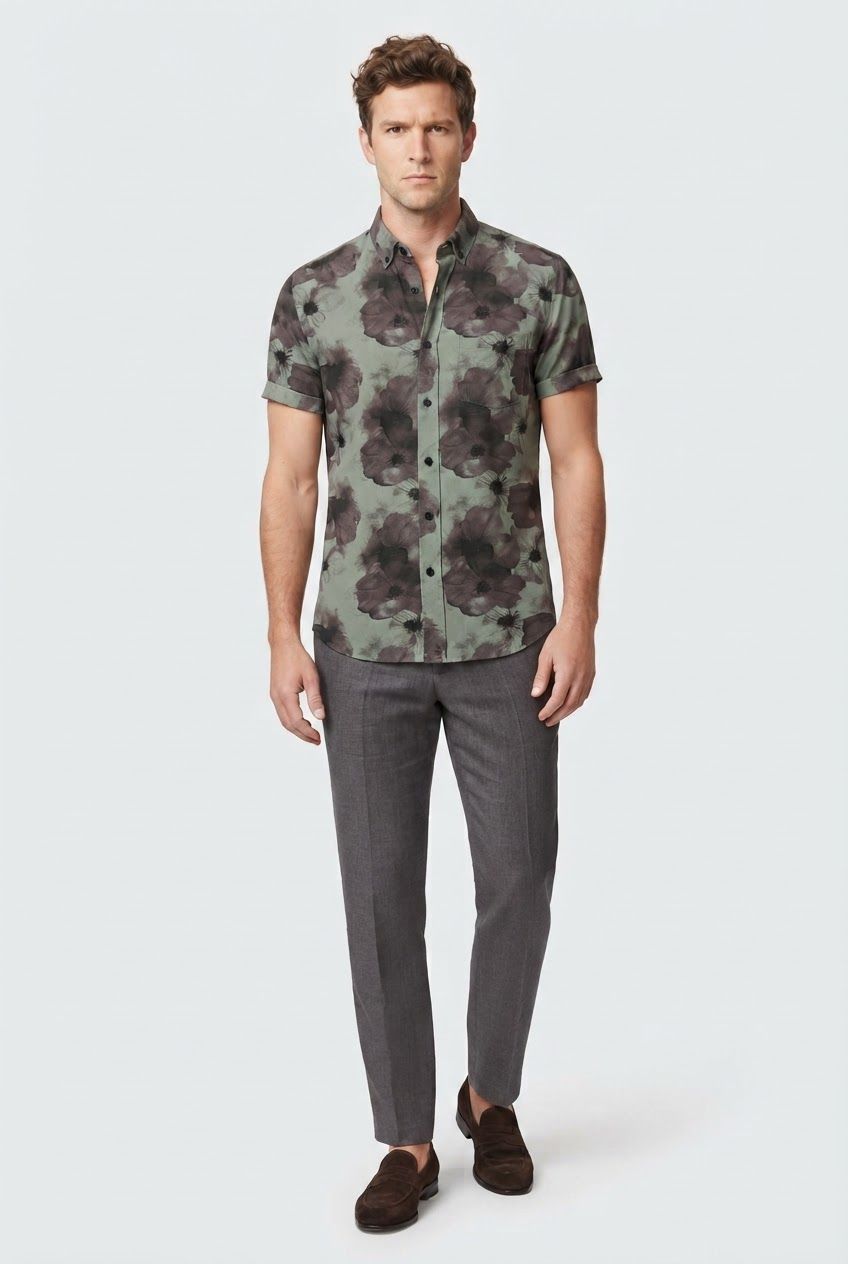 Light Olive Printed Rayon Semi Slim Fit Half Sleeve Shirt product image