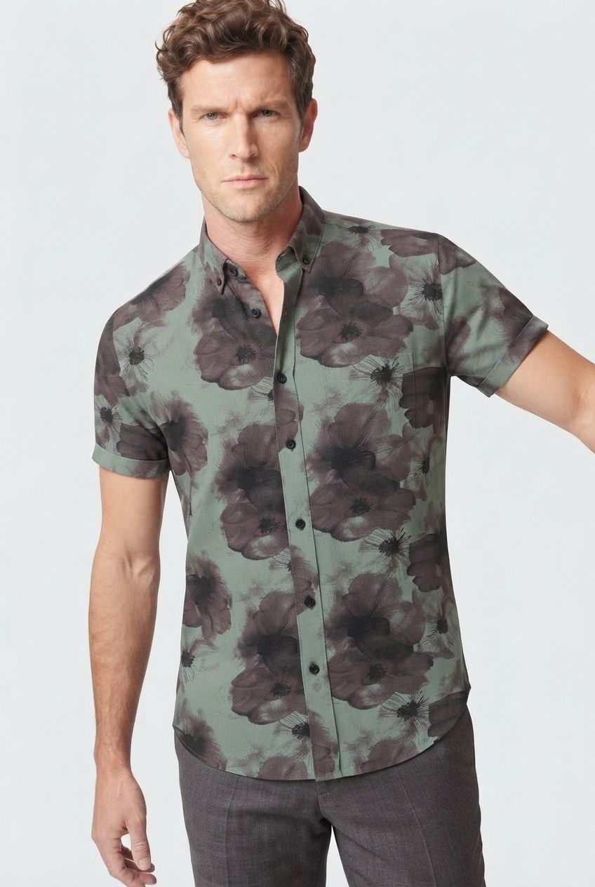 Light Olive Printed Rayon Semi Slim Fit Half Sleeve Shirt product image