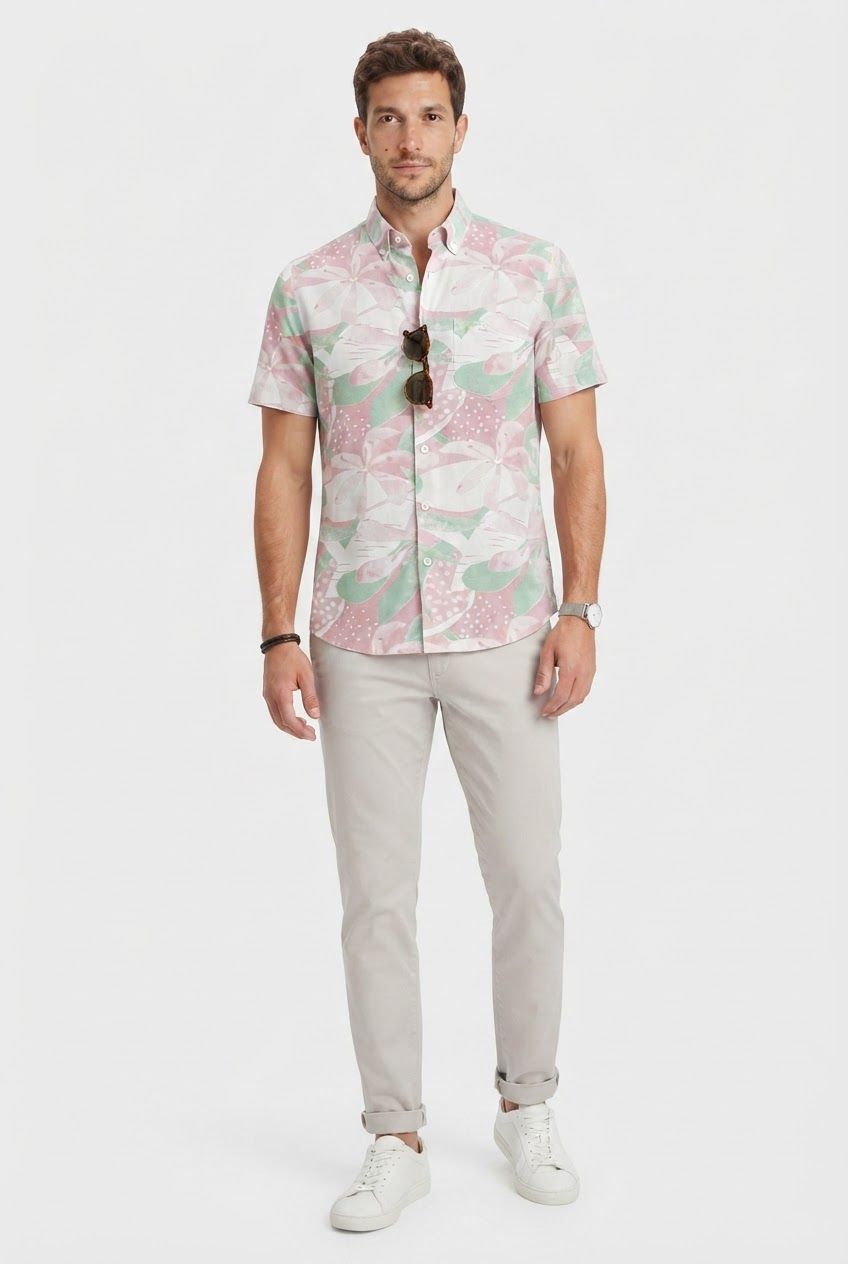Light Pink Printed Rayon Semi Slim Fit Half Sleeve Shirt product image