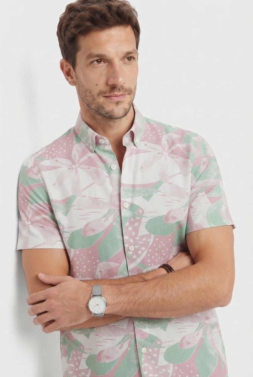 Light Pink Printed Rayon Semi Slim Fit Half Sleeve Shirt product image