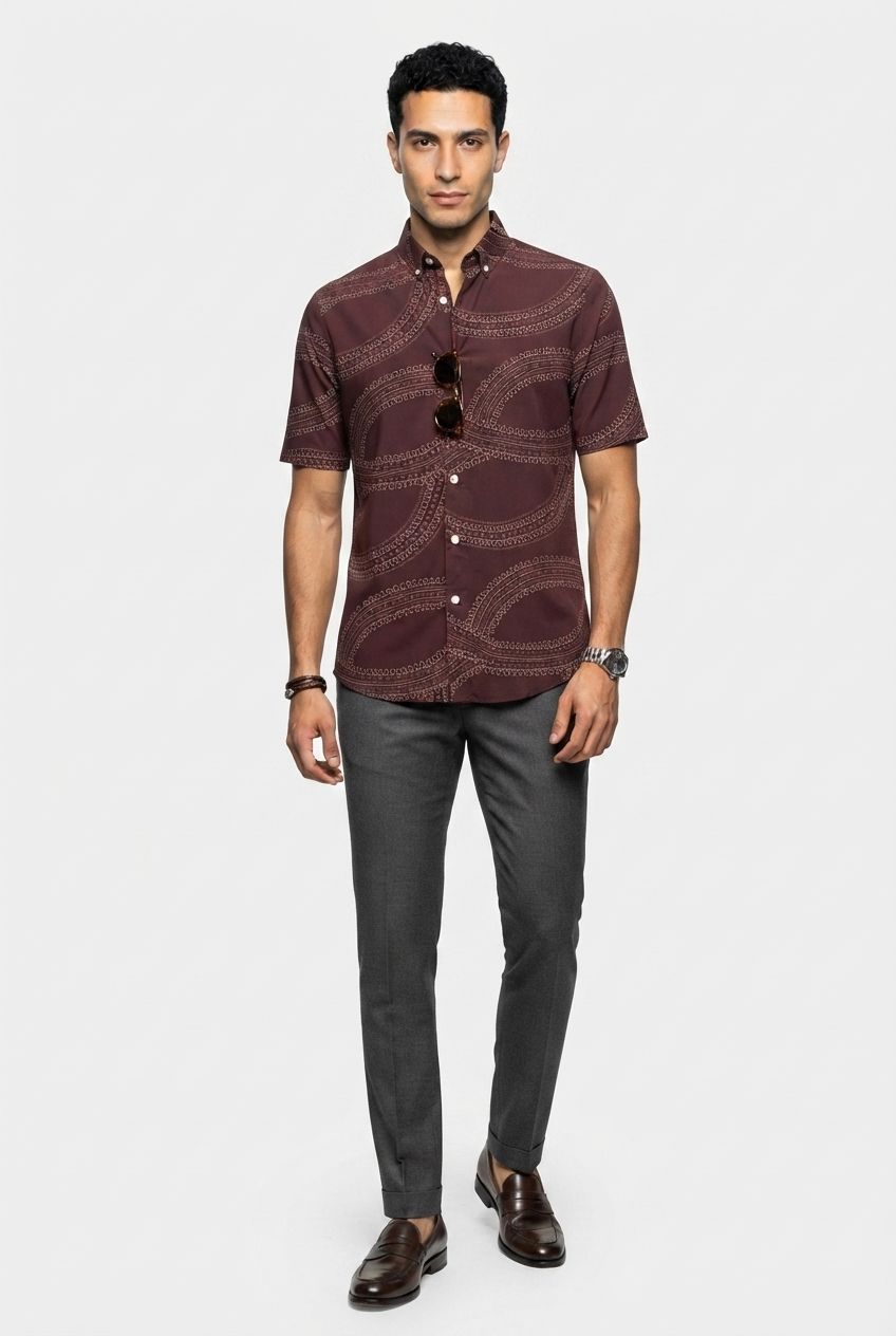 Maroon Printed Rayon Semi Slim Fit Half Sleeve Shirt product image