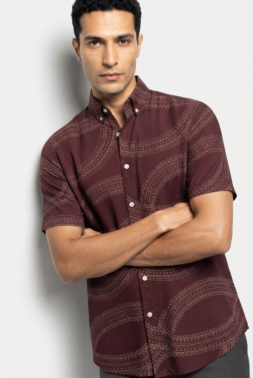 Maroon Printed Rayon Semi Slim Fit Half Sleeve Shirt product image