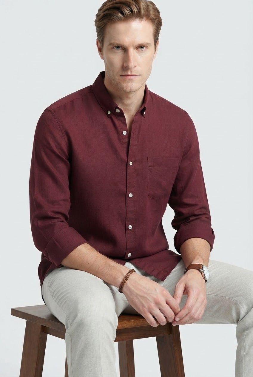 Maroon Solid Linen Semi Slim Fit Full Sleeve Shirt product image