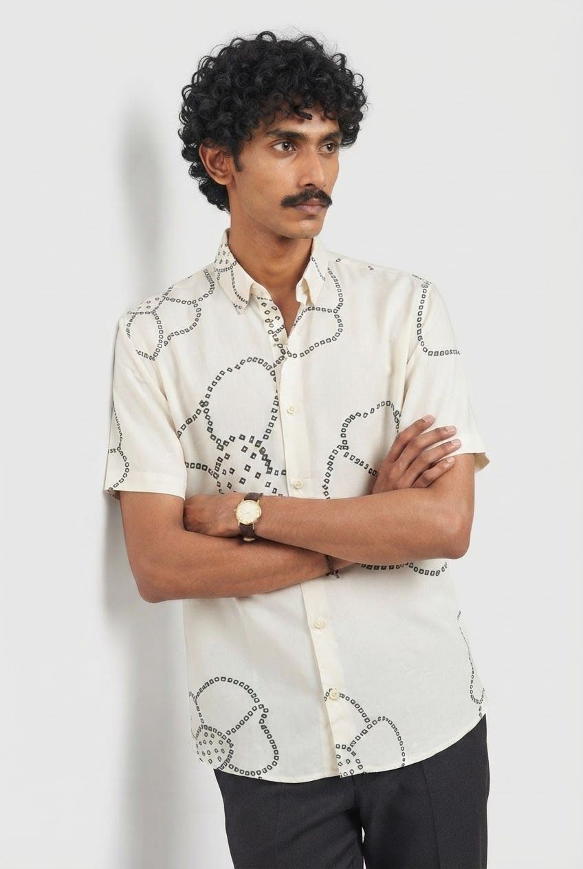 Off White Printed Rayon Semi Slim Fit Shirt product image