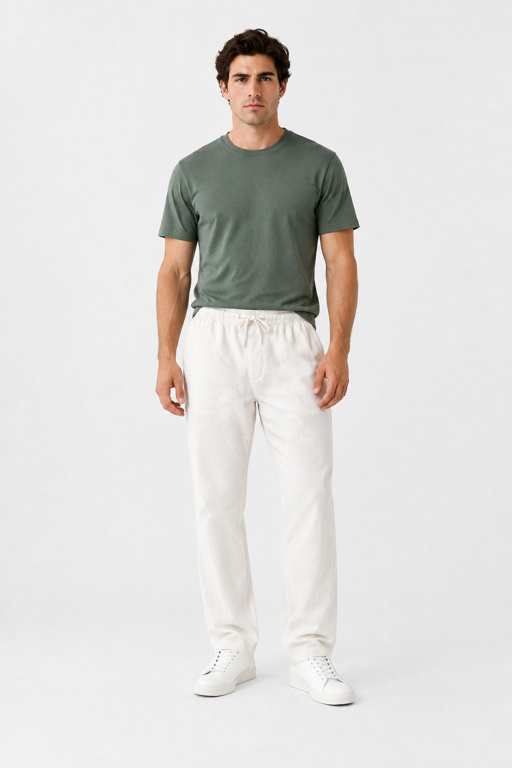 Off White Solid Linen Semi Slim Fit Half Sleeve Trouser product image