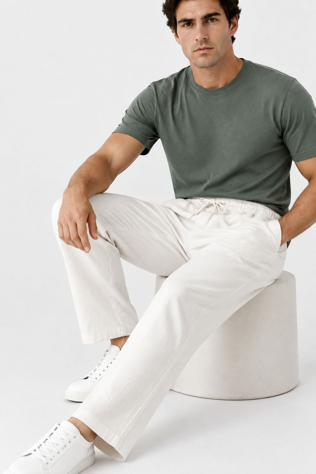 Off White Solid Linen Semi Slim Fit Half Sleeve Trouser product image