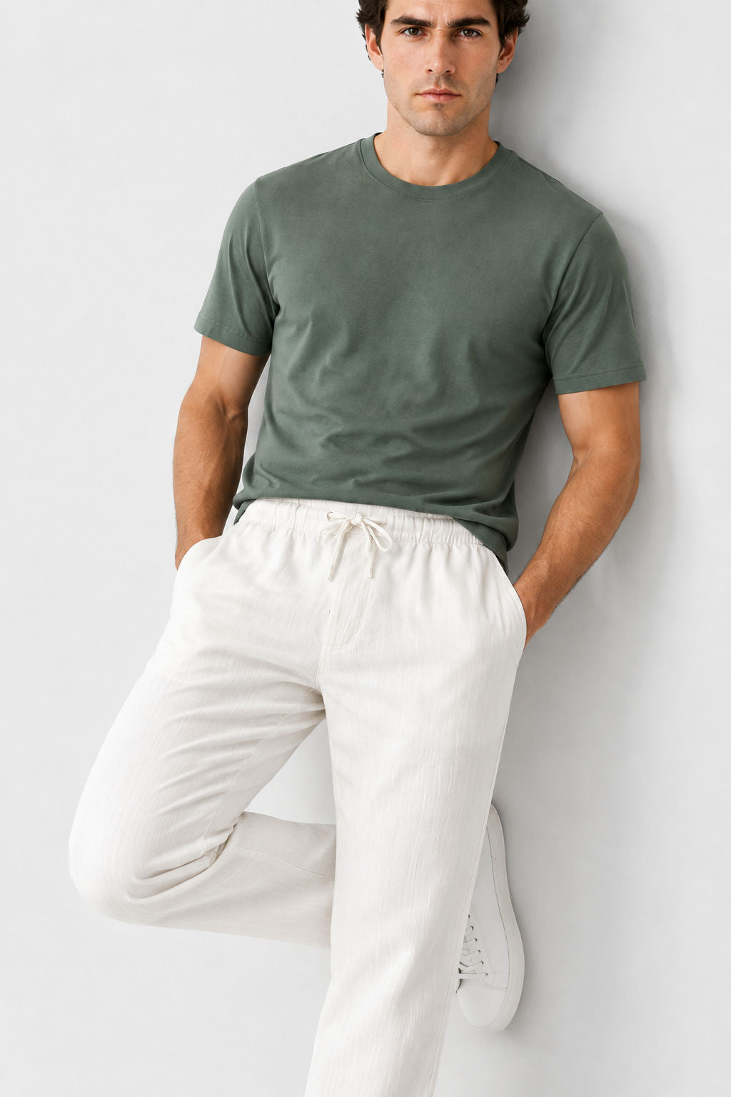 Off White Solid Linen Semi Slim Fit Half Sleeve Trouser product image