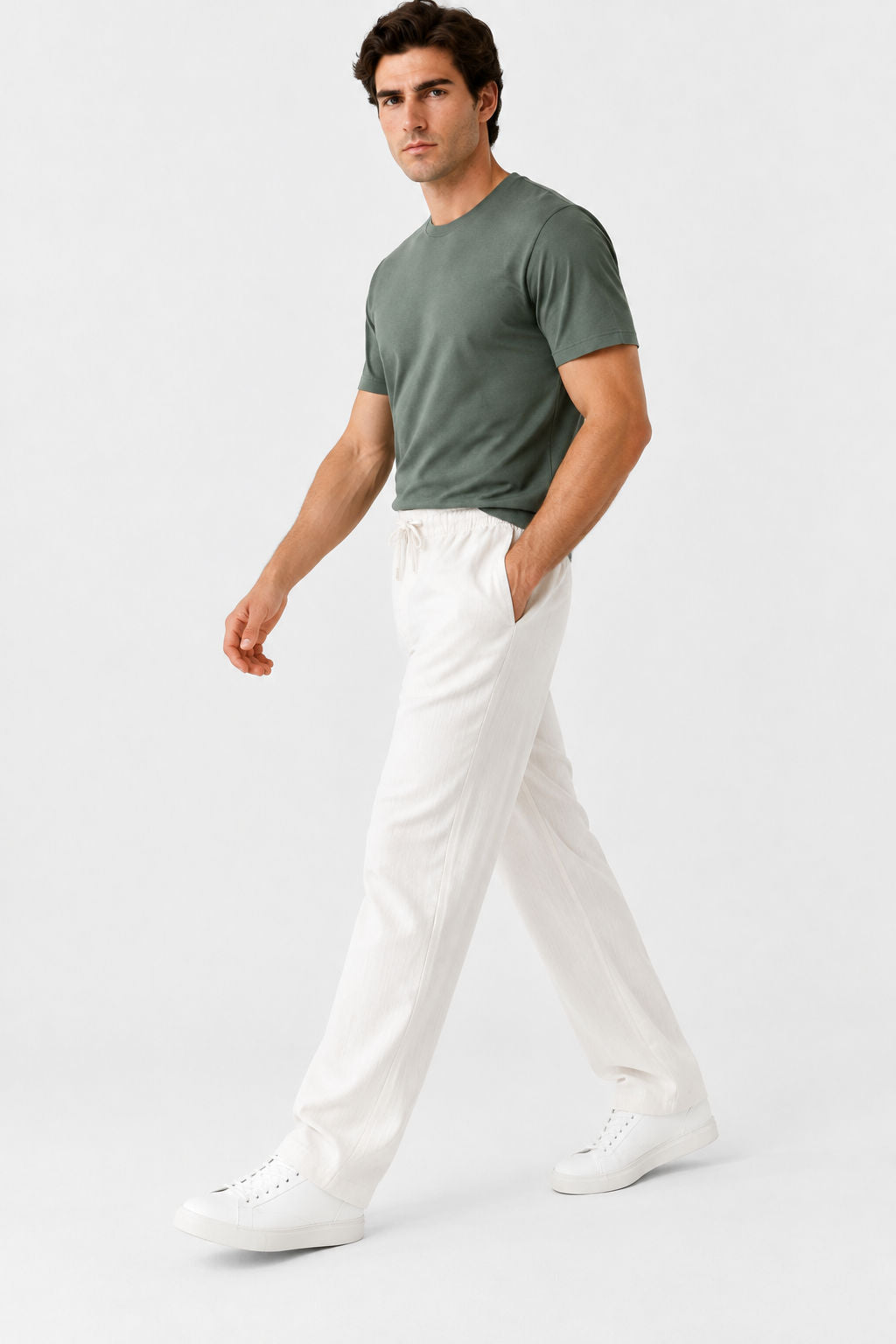 Off White Solid Linen Semi Slim Fit Half Sleeve Trouser product image