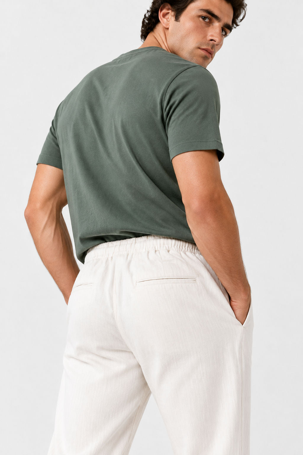 Off White Solid Linen Semi Slim Fit Half Sleeve Trouser product image