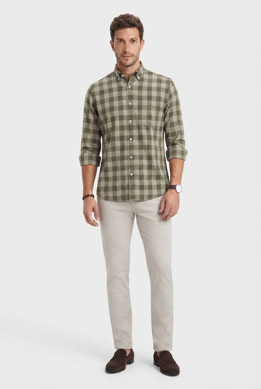 Olive Checked Oxford Semi Slim Fit Full Sleeve Shirt product image