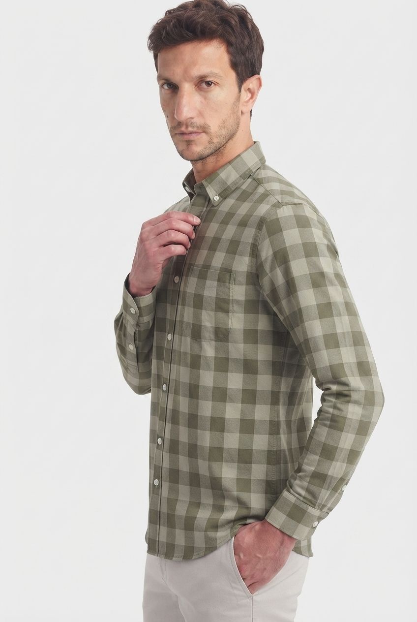 Olive Checked Oxford Semi Slim Fit Full Sleeve Shirt product image